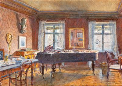 The music room of the composer Johannes Brahms in his last appartment 1040 Vienna, Karlsgasse 4, from where he had a view to St. Charles’ church, titled "J. Brahms, Klavierzimmer"