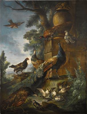 Peacocks and other birds in a landscape