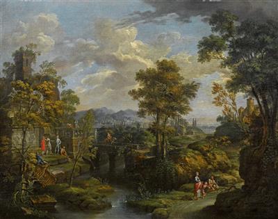 A landscape with a waterway, ruins and figures