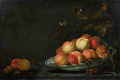 A still life of fruit with a mouse and butterflies