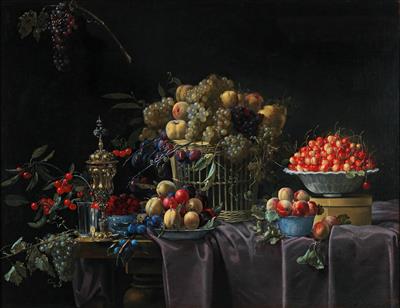 Still life with a basket of grapes, a bowl of cherries and a silver-gilt columbine on a table