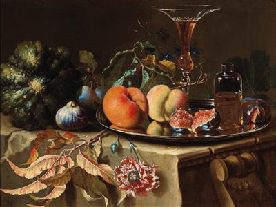 A still life of fruit and flowers with a glass bottle and a Venetian glass on a silver plate