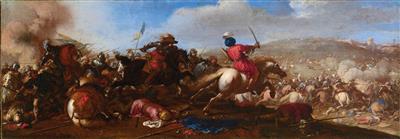 Battle scene with cavalry between Turks and Christians; and Battle scenes with cavalry between Turks and Christians, a town beyond
