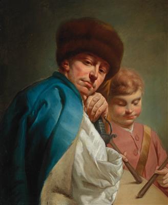 A man in a fur cap and a young drummer