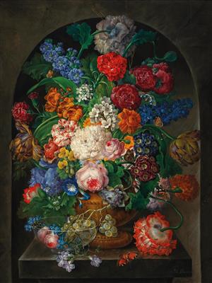 Large Still Life with Butterflies, Glass Bowl and Grapes
