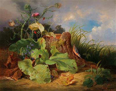 Still Life with Thistle, Harebells, Rosehips and a Nuthatch by Josef Schuster - Auction record, sale price, and art valuation. Compare with similar artists and explore comparable artworks.