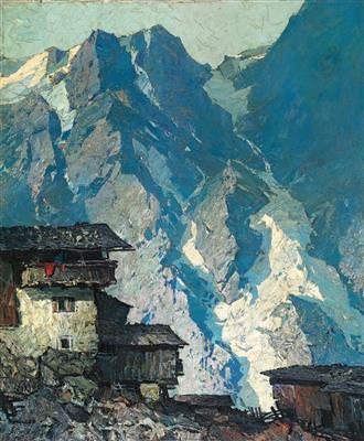 Homestead in the mountains, in the background rock faces with glacier tongues