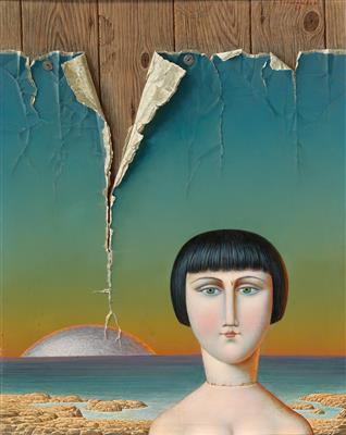 A doll’s head in a landscape on a wooden plank wall