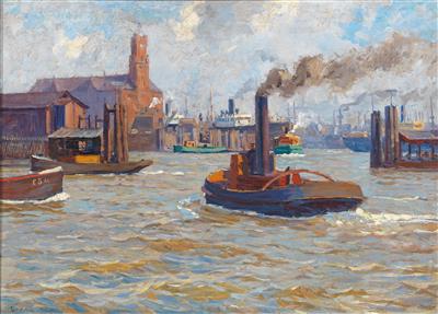 The Port of Hamburg with View of the Kehrwieder Spitze by Paul Kutscha - Auction record, sale price, and art valuation. Compare with similar artists and explore comparable artworks.