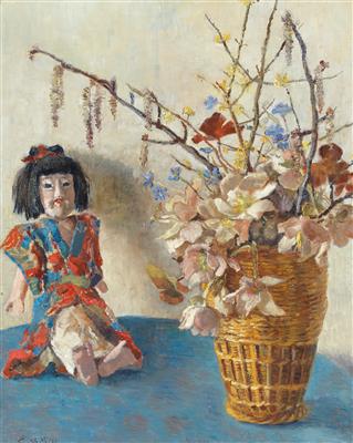 Japanese Doll with Bouquet of Spring Flowers