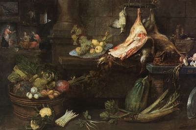 A kitchen still life featuring the scene of Christ in the House of Martha and Mary