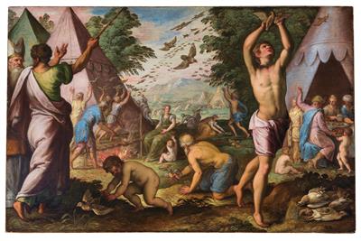 An episode from the Exodus: A storm of quails gathers over the Israelites camp