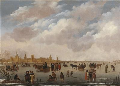 Elegant figures on the ice with a town beyond