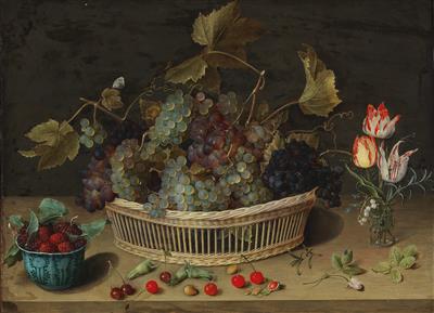 A still life of fruit and flowers with grapes in a wicker basket, blackberries in a porcelain bowl and tulips in a glass vase on the right