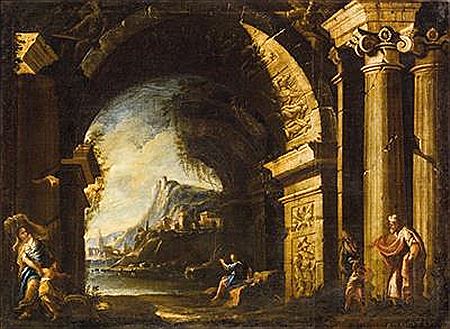 A pair of architectural capricci with scenes from the Old Testament, Abraham with the three angels and the expulsion of Hagar and Ismae by Ascanio Luciani - Auction record, sale price, and art valuation. Compare with similar artists and explore comparable artworks.