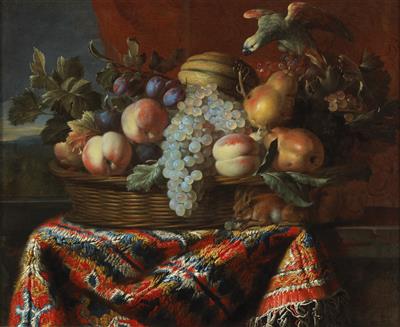 A still life with pears, peaches, plums, grapes, a parrot and a squirrel