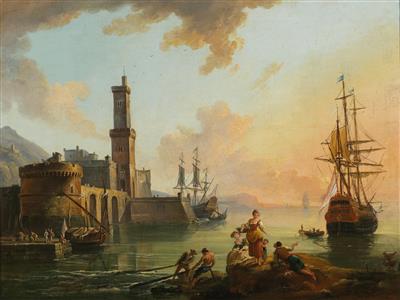 Fishermen and courtesans in a Mediterranean port at sunset; and Fishermen and Oriental merchants in a Mediterranean port at sunrise (2) by Jean Baptiste Lallemand - Auction record, sale price, and art valuation. Compare with similar artists and explore comparable artworks.