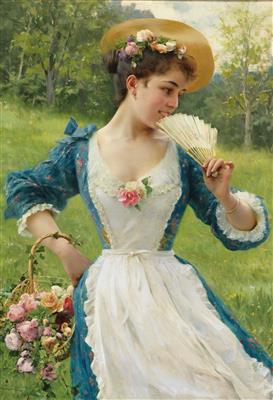 Young beauty with a basket of roses