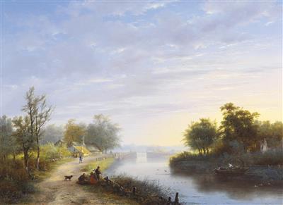 A river landscape with fishermen at dusk