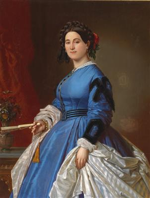Portrait of a Lady in a Blue Dress by August Ferdinand Hopfgarten - Auction record, sale price, and art valuation. Compare with similar artists and explore comparable artworks.