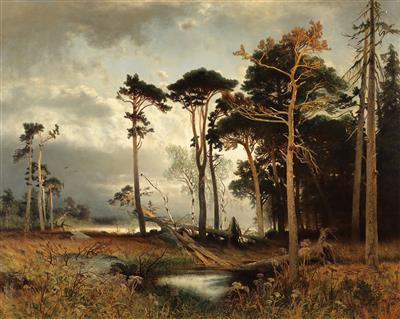 Evening Light over a Pine Forest by August Schaeffer - Auction record, sale price, and art valuation. Compare with similar artists and explore comparable artworks.