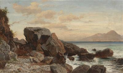 Rocky Coastline on Capri with View of Vesuvius