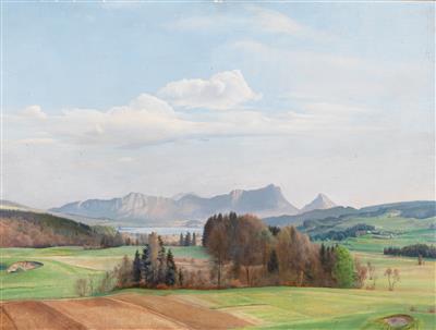 "Blick von Oberhofen auf die Salzkammergut Berge" (Mondsee with Drachenwand mountain)