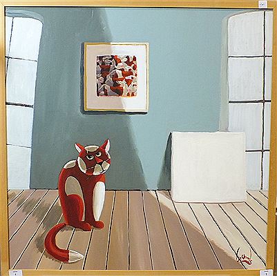 CAT SITTING IN A ROOM WITH PICTURE OF COWS HUNG ON THE WALL BEHIND AND A BLANK CANVAS RESTING AGAINST THE WALL