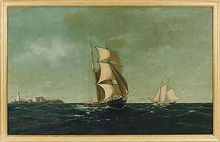 Brigantine and American schooner under full sail off a lighthouse by William Henry Coffin - Auction record, sale price, and art valuation. Compare with similar artists and explore comparable artworks.