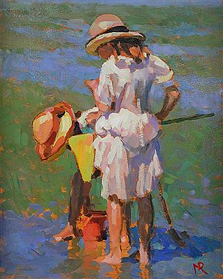 Two girls with shrimping nets by Mark Rowbotham - Auction record, sale price, and art valuation. Compare with similar artists and explore comparable artworks.