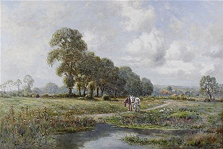 Extensive rural landscape, with farmer and carthorses to the fore