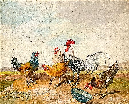 Sommerliche Landschaft mit Hahn und vier Hennen