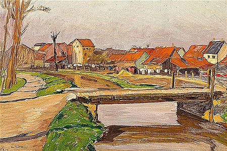 Niederrheinische Dorfansicht mit Flusslauf und Holzsteg