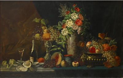 "TABLETOP STILL LIFE WITH ASSORTED FRUITS, VASE OF FLOWERS, AND OYSTERS"