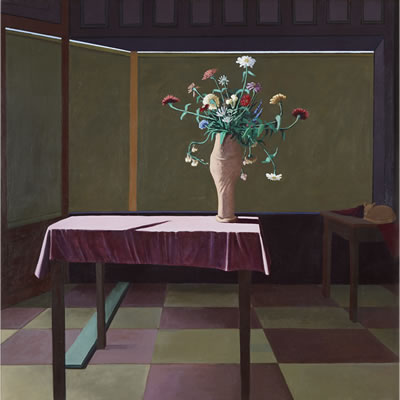 ZINIAS ON A PINK TABLE CLOTH