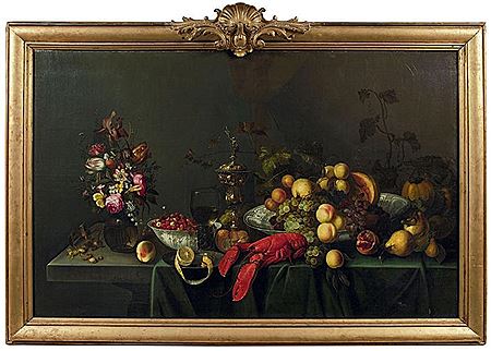 Nature morte à la coupe de pêches et raisin, homard, römer, pokal, coupe Wanli de fraises des bois