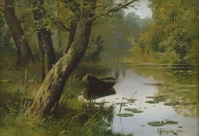 Sommerliche Landschaft mit Teich und Seerosen und einem Kahn