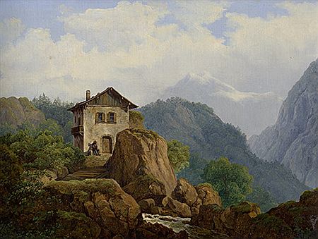 Alpenländlische Landschaft mit kleiner Berghütte