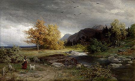 Voralpenlandschaft bei aufziehendem Wetter, im Vordergrund eine Hirtin