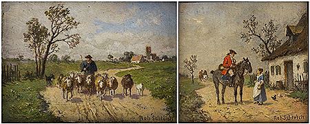 Pair of Miniature Paintings: Herder with Sheep, and The Farewell