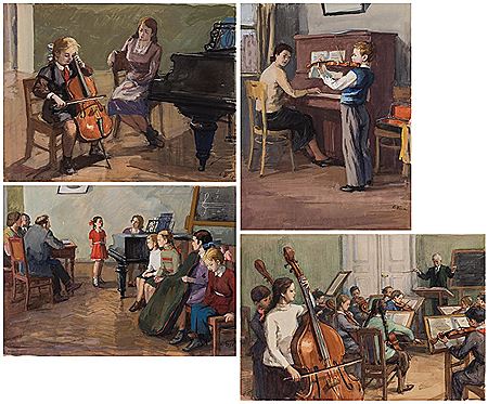 Group of four paintings depicting Soviet musical education