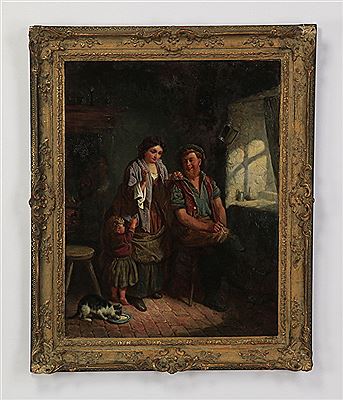 A family genre scene in a country interior with a kitten