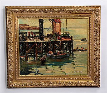 Sailboats tied to an industrial dock