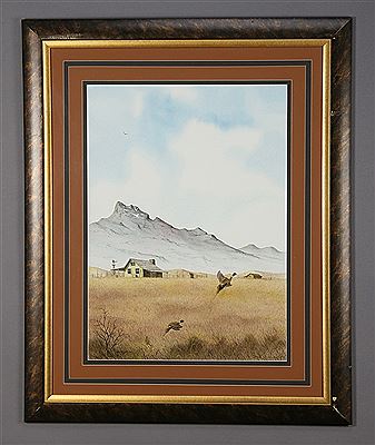 Flying pheasants with a cabin in the background