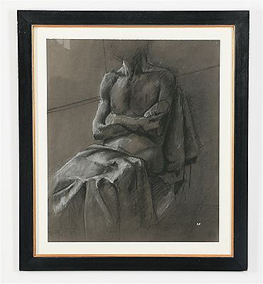 A figure drawing of a barechested seated man