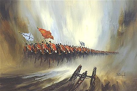 Troops on horseback on a battlefield, a cannon in the foreground