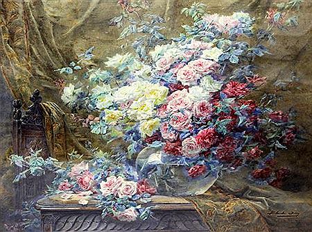 Still life of roses in a glass vase, upon a table