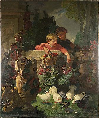 Enfants nourrissant des Oiseaux