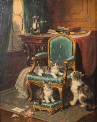 CAT AND KITTENS ON A SILK CHAIR