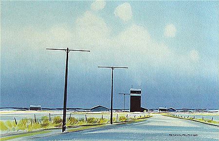 PRAIRIE ROAD AND GRAIN ELEVATOR, TWILIGHT